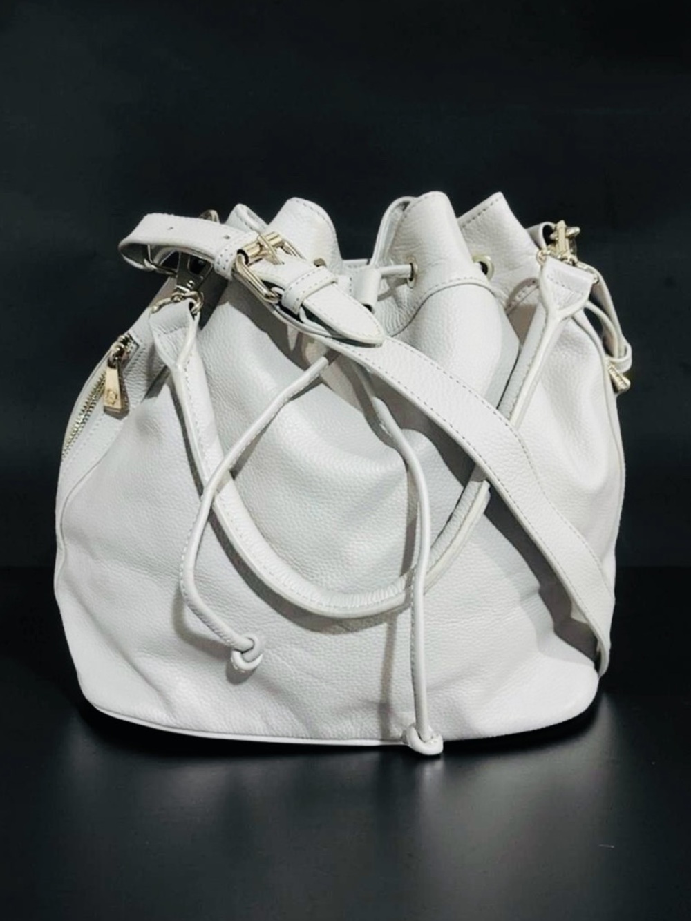 Ora Delphine ✨CLEAN✨Lux Leather Bucket Bag Hobo Drawstring Side Zip Pocket Purse